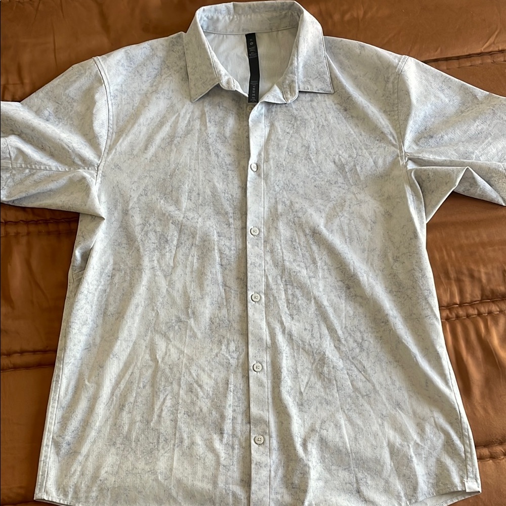 Men's White/blue Button-Up Short Sleeve Shirt - Lululemon - XL